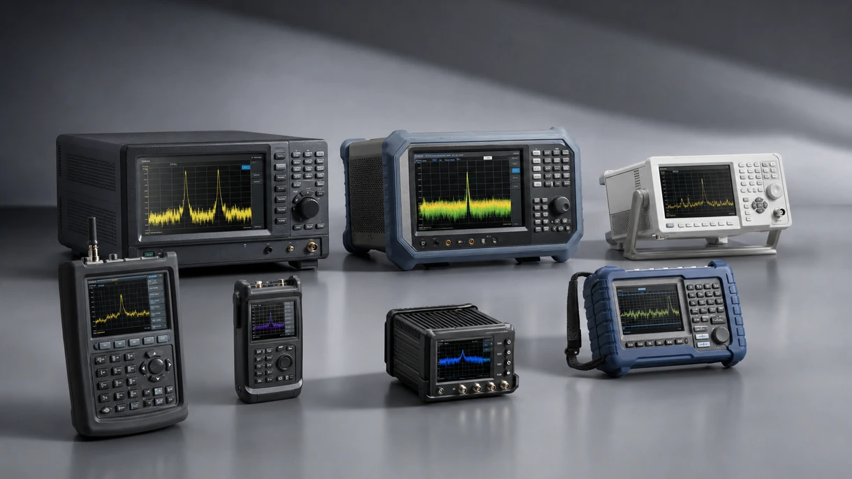 Professional engineer using a benchtop spectrum analyzer to monitor frequency stability within an automated industrial production environment.