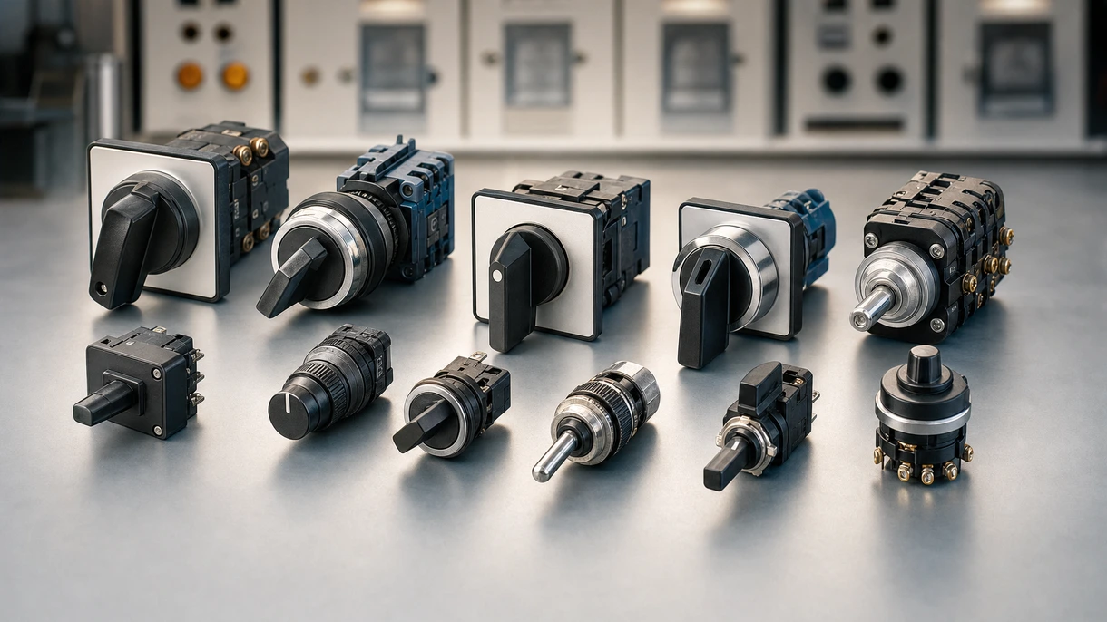 Industrial rotary switch mounted on a heavy duty control panel for machine mode selection in a manufacturing environment.