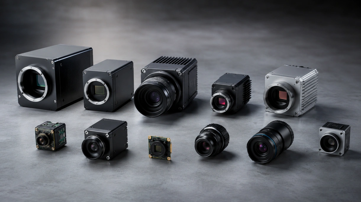Industrial area scan camera on an automated assembly line inspecting metal parts for quality control and precision measurement.