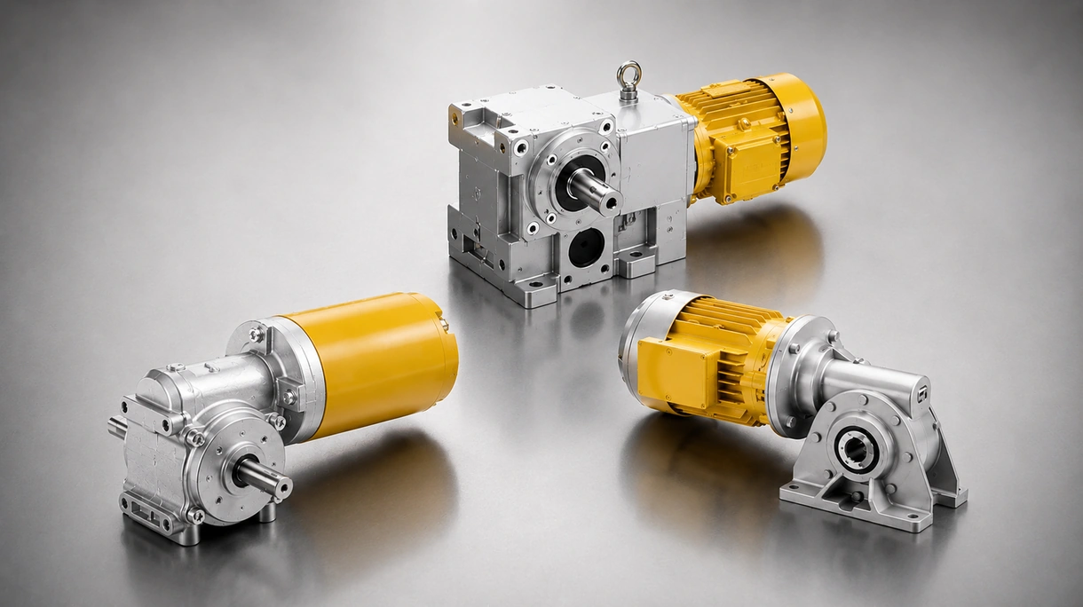 Right angle gear-motor installed on an automated conveyor system in a high-volume logistics distribution center environment.