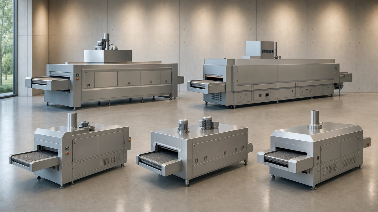Industrial tunnel oven integrated into an automated production line for high-volume electronic component curing.