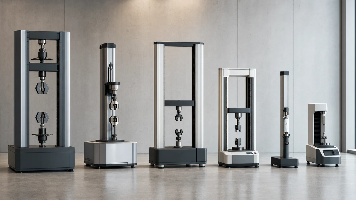 Industrial technician performing a tensile strength test on a metal specimen using a dual column universal testing machine.