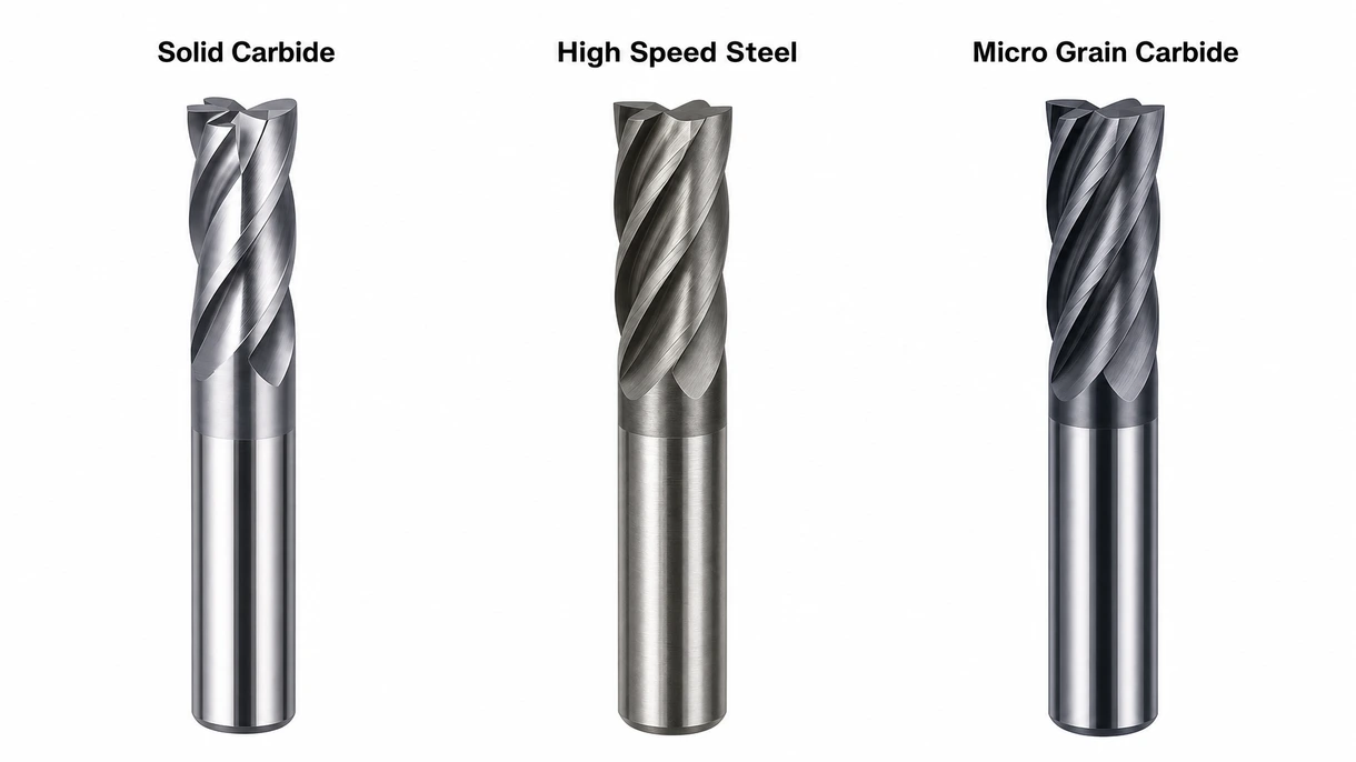 Macro view of a multiple flute solid milling cutter showing specialized coating and precision ground cutting edges for industrial use.