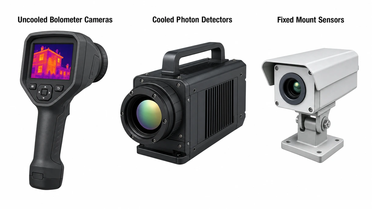 Close-up of a thermal camera lens and infrared sensor array showing the specialized germanium optics and rugged housing construction.