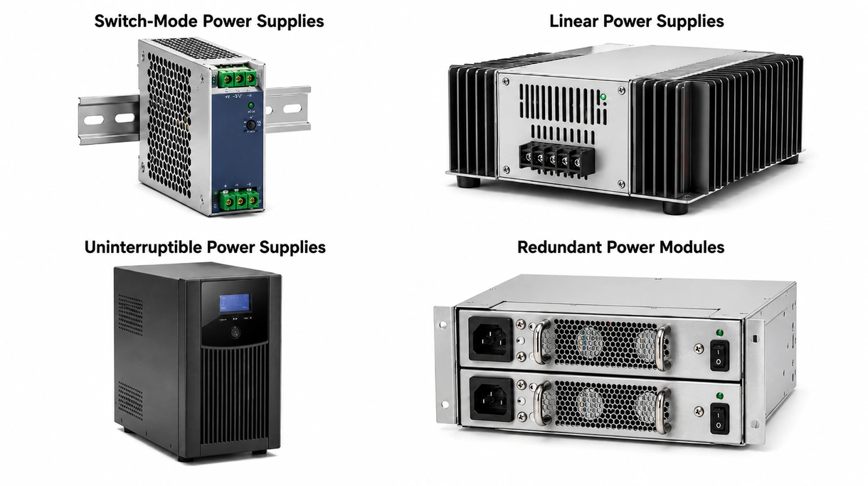 Close-up of industrial power supply internal circuitry showing high quality capacitors and robust heat sink for thermal management.