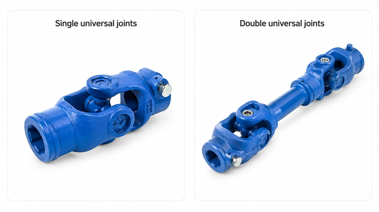 Detailed close-up of a precision needle bearing universal joint showing the cross-piece and yoke construction for high-speed rotation.