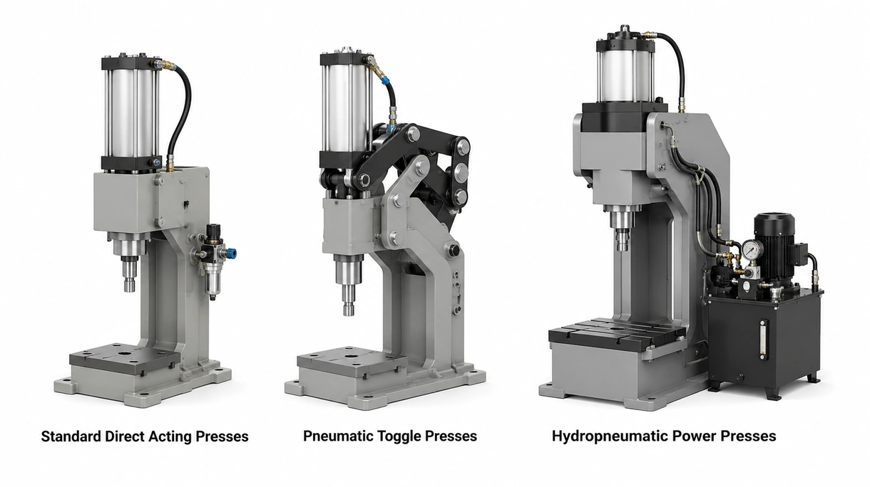 Technical detail of a pneumatic press cylinder head showing the stroke adjustment mechanism and digital pressure sensor.
