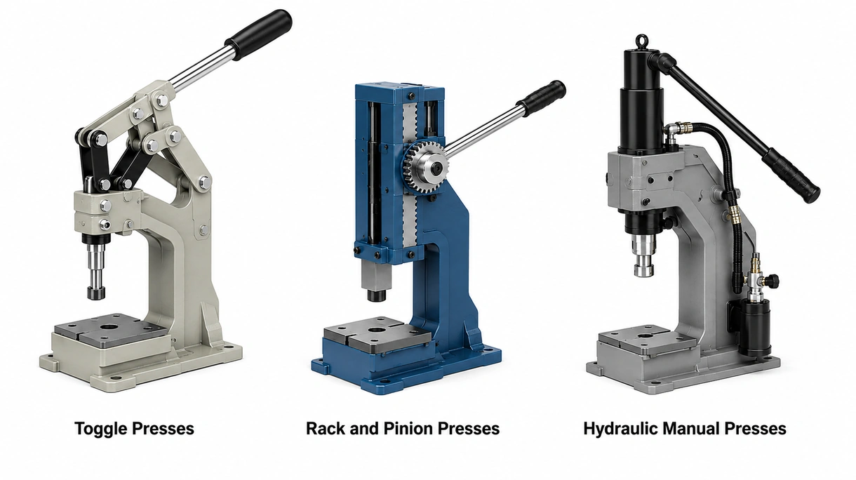 Technical close-up showing the rack and pinion mechanism and adjustable ram of a professional-grade manual benchtop workshop press.