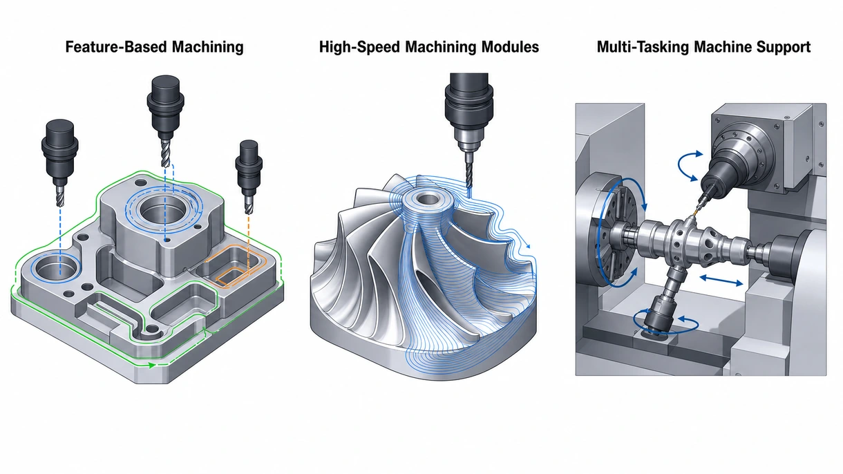 Detailed technical visualization of a simulated milling cutter following a high-speed machining path on a complex turbine blade.