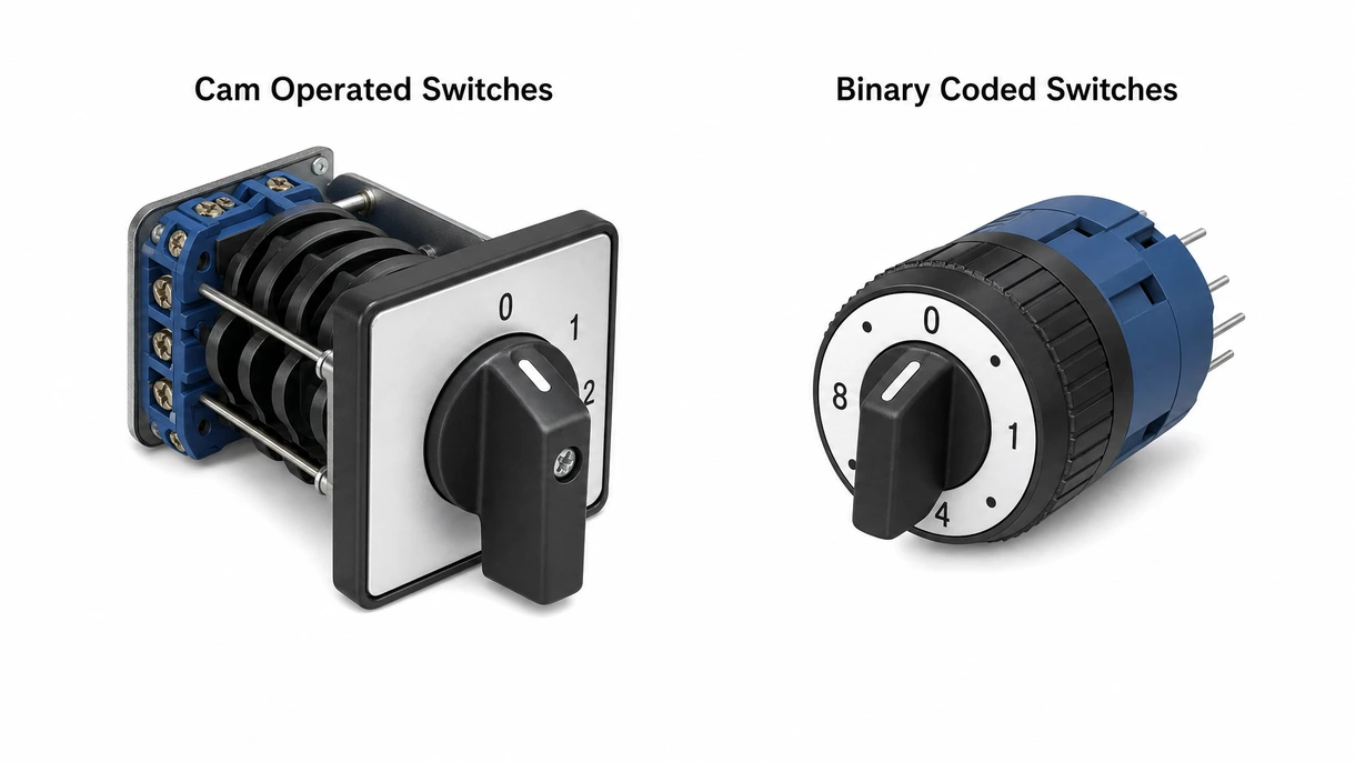 Technical close up showing the internal contacts and modular decks of a high voltage industrial cam operated rotary switch.