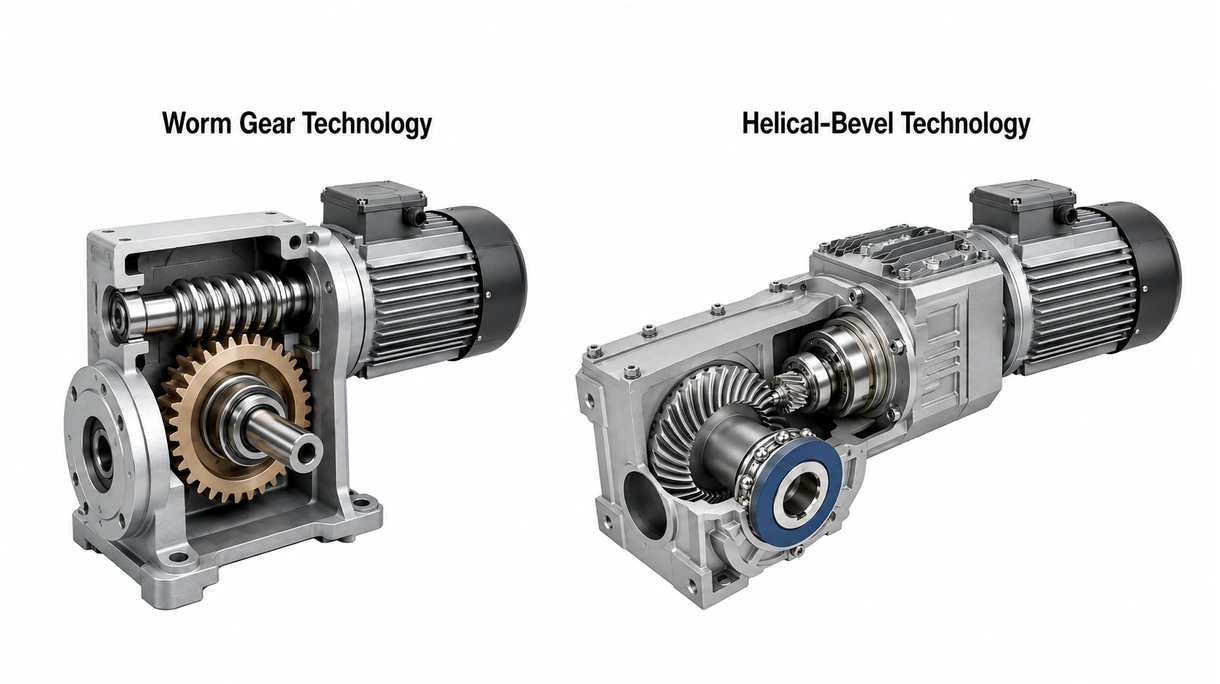Detailed close-up of a helical-bevel right angle gear-motor showing the rugged housing and precision output shaft assembly.
