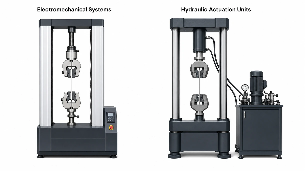 Detailed view of high precision wedge action grips securing a composite material sample during a mechanical stress evaluation.