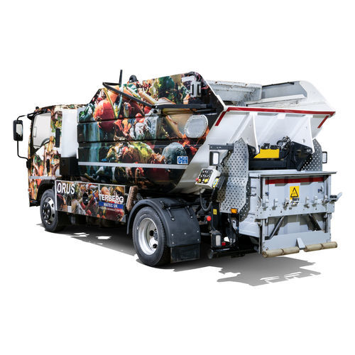 Side-loader waste collection vehicle - ORUS - Dennis Eagle - hybrid / electric / with dump bed
