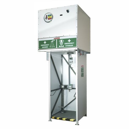 Floor-standing safety shower - 6180-TK1200 - EPITECNICA EUROPA, S.L. - platform-mounted / with eyewash station / with tank