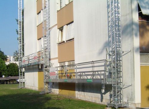 Suspended platform - ACCESUS - for construction site / scaffolding / with safety railing