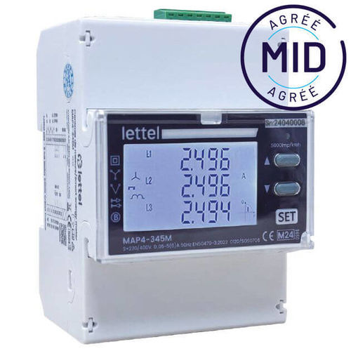 Single-phase electric energy meter - MAP4-345M - Lettel - three-phase / DIN rail / Modbus