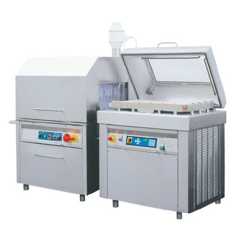 Vacuum packing machine - S 501 B + ST 170 - KOMET Maschinenfabrik GmbH - with shrink tunnel / bell type