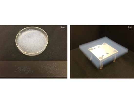 Left and right panels show the aerogel particles and an aerogel tile, respectively.