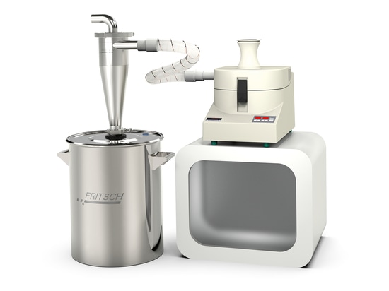 Perfect for CBD medium-scale homogenization: the FRITSCH Variable Speed Rotor Mill P-14 classic line with high-performance stainless-steel Cyclone separator