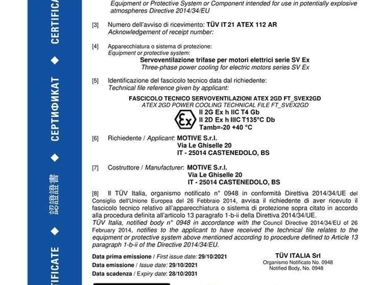 ATEX Cat. 2 certification for Motive motors Forced Ventilation systems