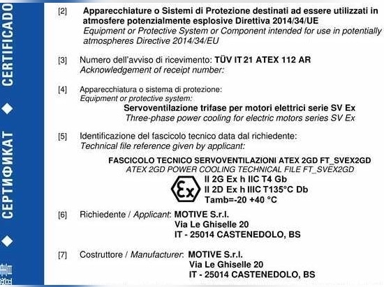 ATEX Cat. 2 certification for Motive motors Forced Ventilation systems