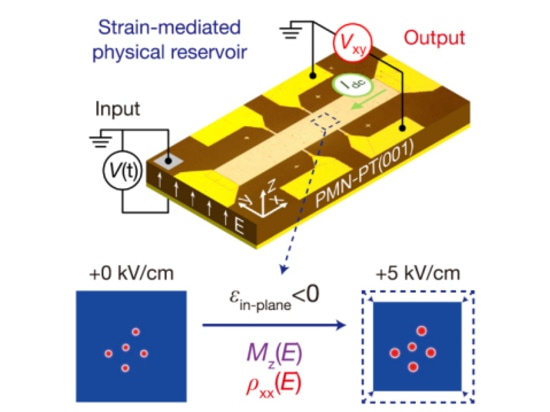 Figure1 Schematic diagrams of the experimental method and the skyrmion-enhanced strain-mediated spintronic RC system.