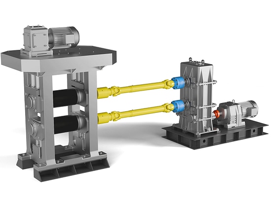 For example, rolling mill drives: The picture shows drive shafts (yellow), overload protection couplings (blue) and shaft-hub connections (red) from the RINGSPANN one-stop shop. (Image: RINGSPANN)