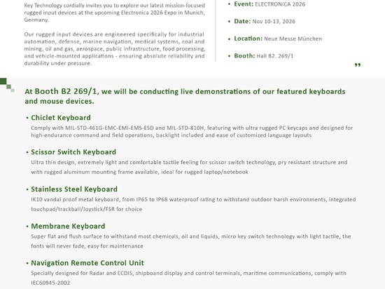 Mission-Critical Rugged Keyboard and Pointing Device: Key Technology Invites You to Electronica 2026 Expo