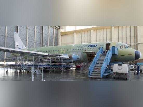 The first Airbus A320neo jetliner – designated A320 Family “MSN6101” – is shown at an advanced stage of its final assembly process, which began March 2014 in Toulouse, France. SOURCE: Airbus.