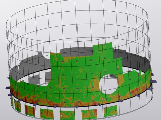 Mapping of the column skirt after scanning. The scans highlight the corrosion (red areas) at the bottom of the skirt.