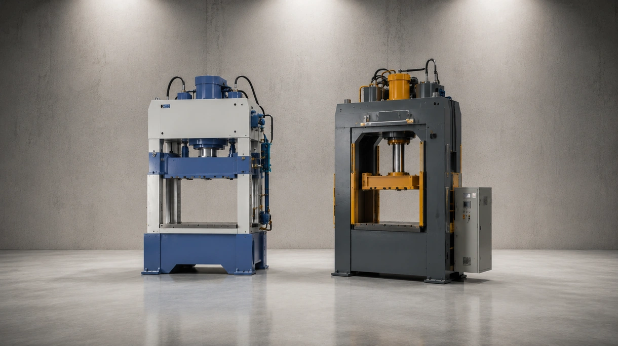 ロボットによる部品搬送システムを備えた、プロフェッショナルな金属プレス生産ラインに組み込まれた高負荷対応の油圧式プレス機。