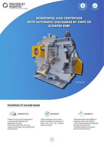 Horizontal axis centrifuge with automatic discharge by knife or scraper EHBF