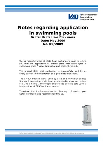 Notes regarding application in swimming pools