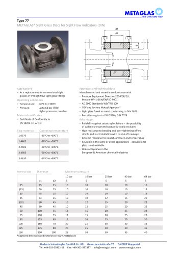 METAGLAS&reg; TYPE 77 FOR SIGHT GLASS FLOW INDICATOR DIN-CONNECTION