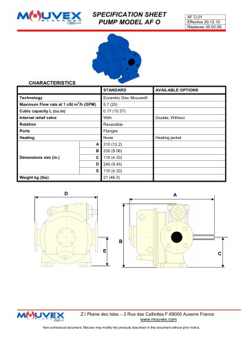 SPECIFICATION SHEET PUMP MODEL AF O