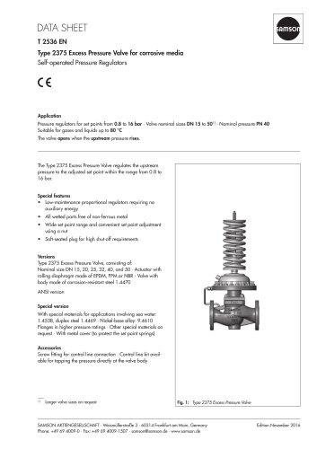 Type 2375 Excess Pressure Valve for corrosive media