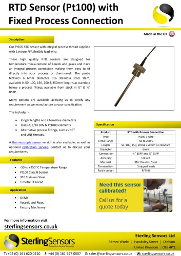 RTD Sensor (Pt100) with Fixed Process Connection