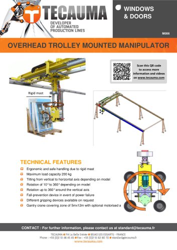 M006 Suspended manipulator with overhead trolley for glass