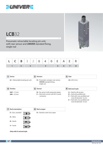 LCB32_Pneumatic retractable locating pin unit, with rear sensor and UNIVER standard ﬁ xing, single rod