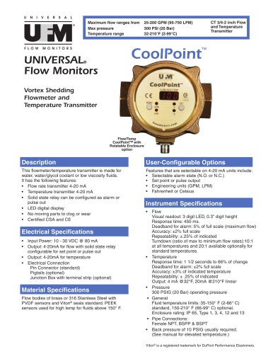 CoolPoint vortex flow meter for water or corrosives Coolpoint Flow/Temperature Series