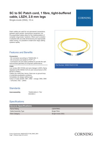 SC to SC Patch cord, 1 fibre, tight-buffered  cable, LSZH, 2.8 mm legs