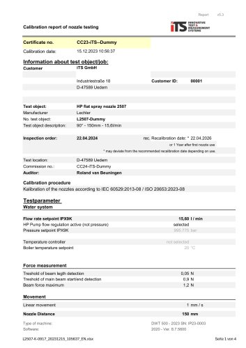 Calibration report of nozzle testing