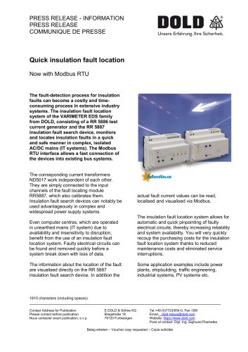 Press release Insulation fault location system with Modbus RTU
