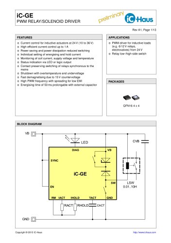 iC-GE    PWM Relay/Solenoid Driver for a Wide Operating Voltage Range (1 A)