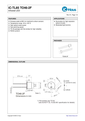 iC-TL85    Infrared 850 nm LED with Lens or Flat Window for High-Resolution Optical Encoders