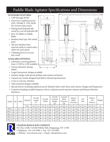 Paddle Blade Agitator Specifications and Dimensions