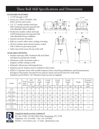 Th ree Roll Mill Specifi cations and Dimensions