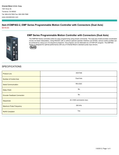 EMP402-2, EMP Series Programmable Motion Controller with Connectors (Dual Axis)