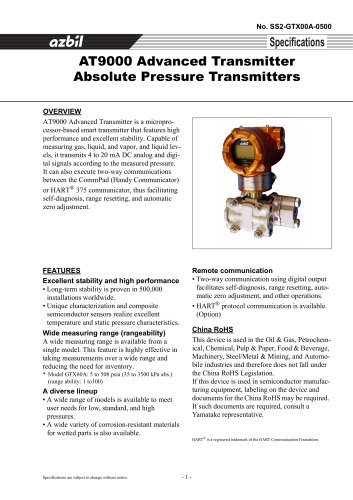 AT 9000 Advanced Pressure Transmitter SS2-GTX00A-0500