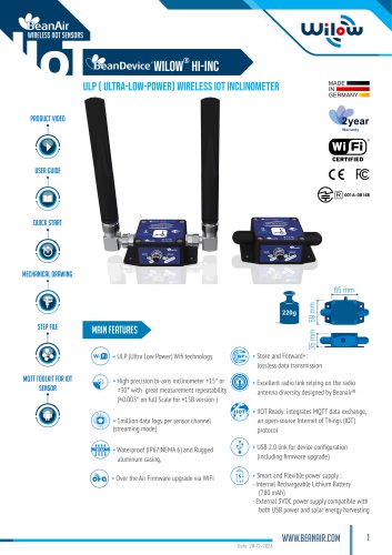 BeanDevice® Wilow® HI-INC - Wifi Inclinometer for Industrial Internet of Things - Datasheet